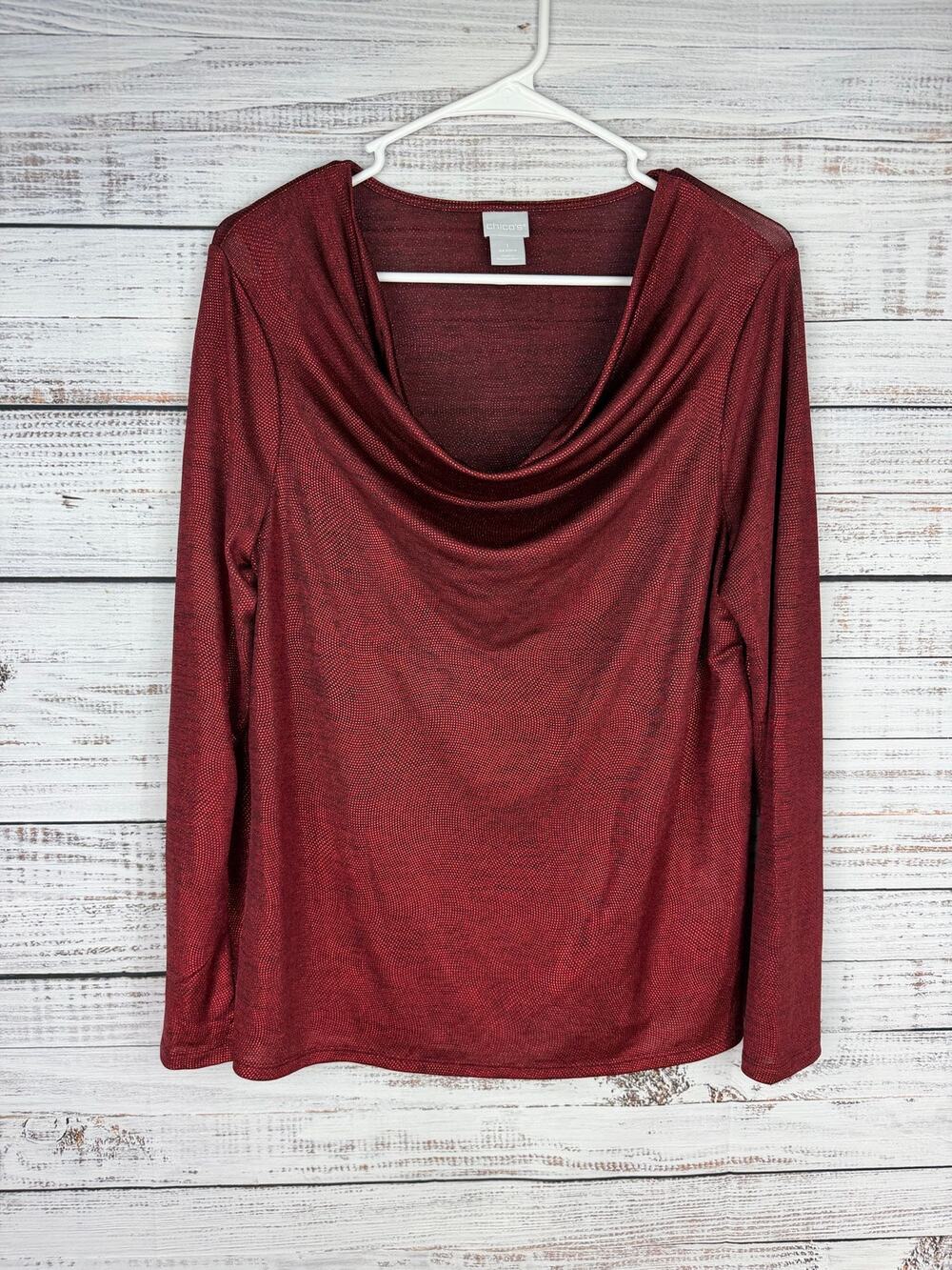 Chico’s Red Metallic Cowl Neck Drape Top Medium Career Holiday Classic Stretch